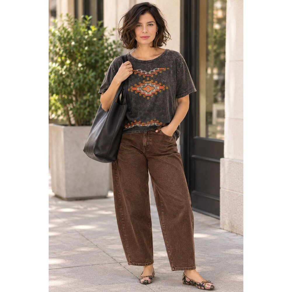 Sabaku Art Wear Women size 1X Plus Black Mineral Wash Southwest Southwestern Top